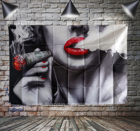 Bandera de Boca roja para fumar, banderín de belleza y arte para mujer, decoración colgante, 4 ojales en las esquinas, 3x5 pies, 144cm x 96cm ► Foto 1/1