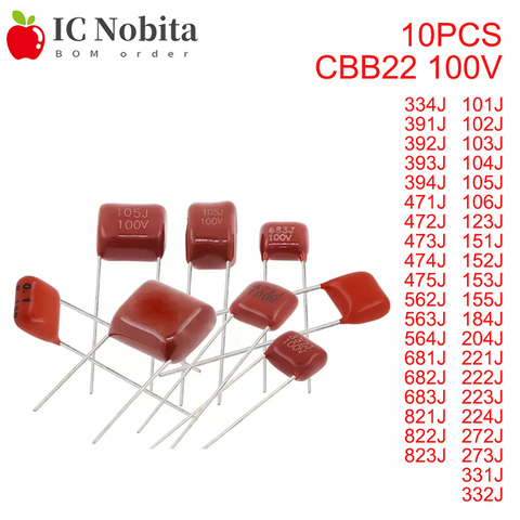 10PCS CBB22 condensador de película de polipropileno metalizado 100V 101J ~ 823J 102J 103J 104J 152J 221J 332J 334J 472J 474J 475J 564J 684J ► Foto 1/3