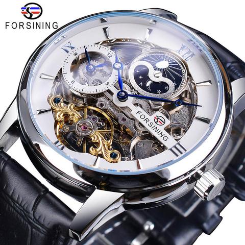 Forsining-reloj mecánico automático de cuero genuino, banda de Tourbillon resistente al agua con doble horario, esfera blanca, fase lunar ► Foto 1/6