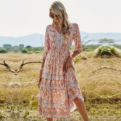 Vestido Floral bohemio para mujer, vestido informal con escote en V y Media manga de cintura alta, vestido estampado de moda para verano 2022 ► Foto 1/6