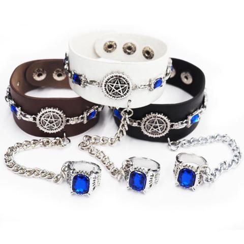 1 Pc de dibujos animados mayordomo negro de cuero pulsera de cadena con gema azul anillo Anime Kuroshitsuji brazalete Cosplay juguetes de regalo ► Foto 1/5