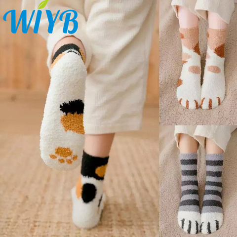 Calcetines de forro polar para mujer, calcetín de tubo Kawaii, para otoño e invierno, garras de gato, gruesos, cálidos, para dormir, 1 par ► Foto 1/6