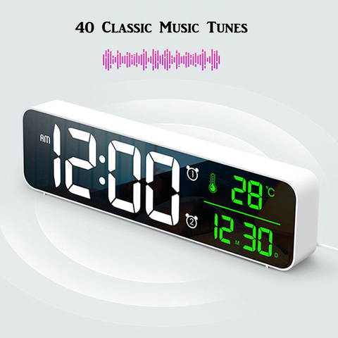 Reloj Digital con alarma de música para decoración del hogar, cronógrafo LED con termómetro de temperatura, calendario, para dormitorio, mesa, escritorio ► Foto 1/6