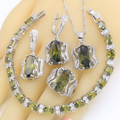 Conjunto de joyería de plata 925 con peridoto verde para mujer, conjunto de joyería para boda, pulsera, pendientes, collar, anillo colgante, regalo de cumpleaños ► Foto 1/6