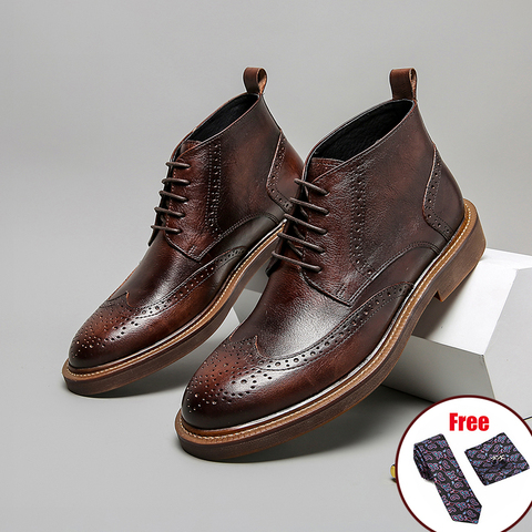 Botas de estilo chelsea para hombre, zapatos planos de piel auténtica con plataforma Brogue, informales, tobilleros, vestido con cordón, de marca de diseñador, para invierno ► Foto 1/6