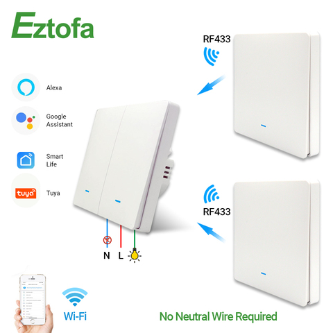 Interruptor de luz de pared inteligente WiFi RF433, sin transmisor inalámbrico neutro, Control por aplicación Tuya, Alexa, Google Home, Compatible con 1/2/3 Gang ► Foto 1/6