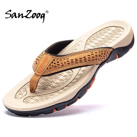 Chanclas planas informales de cuero genuino para hombre, zapatillas de verano, para playa, talla grande, envío directo, 2022 ► Foto 1/6