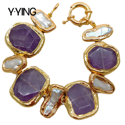 Y · YING-pulsera de hilo de piedra púrpura Y Perla de Biwa blanca de agua dulce, 8 