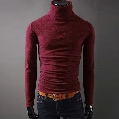 Suéteres informales de cuello alto para hombre, ropa de marca ajustada, de punto sólido negro, Otoño, 2022 ► Foto 1/4