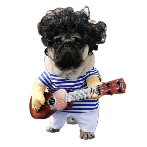 Guitarra con reproductor para mascotas, disfraz de perro, disfraz de guitarrista para fiesta de Navidad, Halloween, ropa de Año Nuevo para perros y gatos, peluca grande ► Foto 1/6