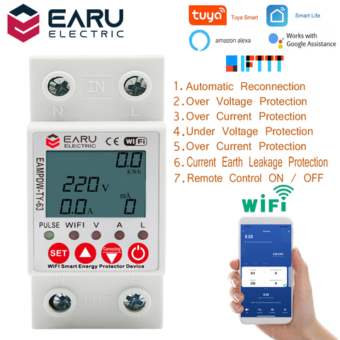 Circuito inteligente WiFi de 2P 63A con aplicación TUYA, dispositivo de relé Protector de sobrevoltaje, fuga de tierra, interruptor de energía, medidor de kWh ► Foto 1/6