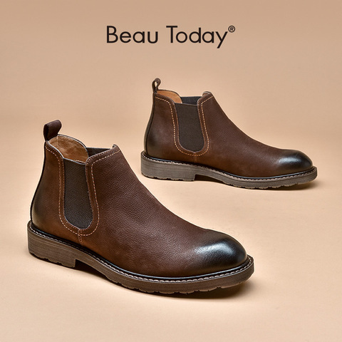 BeauToday-Botas de piel de vaca para hombre, botines de piel de vaca con cera y punta redonda, banda elástica, zapatos antideslizantes hechos a mano, 54301 ► Foto 1/6