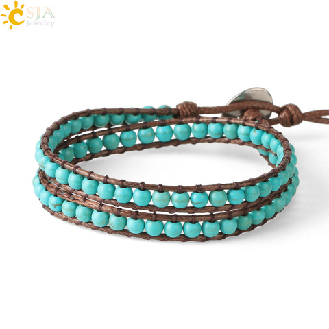 CSJA-pulsera de cuentas turquesas verdes para mujer, brazaletes bohemios, joyería trenzada hecha a mano, envoltura multicapa, 2 hebras, S625 ► Foto 1/6