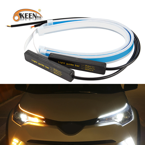 OKEEN 2x, luces LED DRL ultrafinas para coches, luces de circulación diurna, señal de giro blanca, tira de guía amarilla para montaje de faros, triangulación de envío ► Foto 1/6