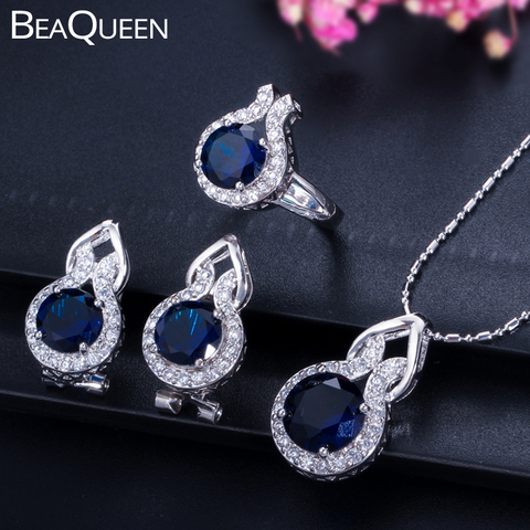 Bequeen-Conjunto de pendientes y anillo de circonia cúbica para mujer, conjunto de joyería de plata de ley 925, azul zafiro redondo, collar de Circonia cúbica, JS012 ► Foto 1/6
