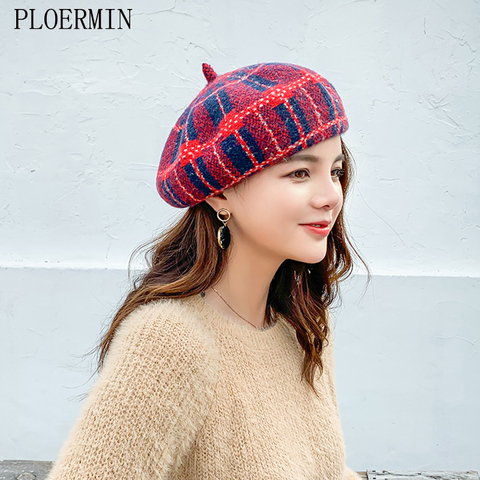 PLOERMIN Vintage de lana de las mujeres de invierno boina de cuadros artista francés gorra sombrero dulce chica regalo gorros de primavera y otoño ► Foto 1/6