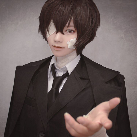 Peluca de Cosplay de Anime Bungo Stray Dogs, dasai Osamu, resistente al calor, pelo corto rizado marrón, pelucas para jugar con disfraz + gorro de peluca ► Foto 1/6