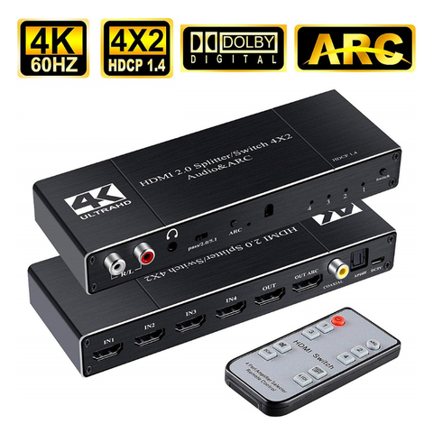 Conmutador de Audio y arco 4 en 2, HDMI 2,0, 4x2, divisor con puerto óptico Coaxial L/R de 3,5mm, con Control remoto IR ► Foto 1/6