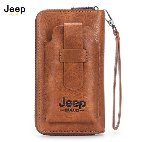 JEEP BULUO-cartera de mano de cuero para hombre, monedero de marca para teléfono con doble cremallera, cartera bolso de mano de cuero de lujo, gran capacidad ► Foto 1/6