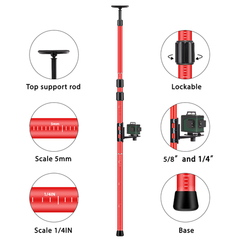 Poste telescópico láser, Soporte de nivel láser extensible con adaptador de 1/4 y 5/8 pulgadas, varilla de nivelación de techo para nivel láser de 4M/2,8 M ► Foto 1/6