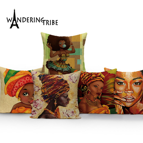 Funda de cojines Retro étnica para mujer africana, funda de almohadas decorativas, cojín de sofá coche retrato, fundas de almohada para cama de casa, pintura ► Foto 1/6