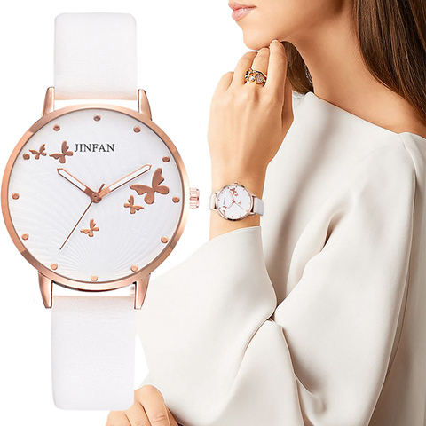 Reloj con diseño de esfera de mariposa para mujer, elegante, sencillo, de lujo, a la moda, informal, de cuero y cuarzo ► Foto 1/6