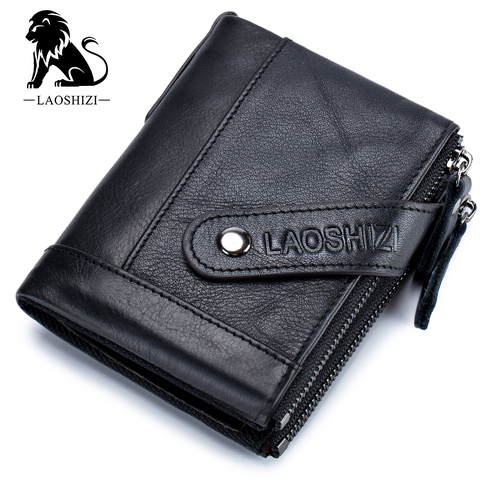 Cartera 100% de piel auténtica para hombre, billetera corta de piel de vaca con cremallera, monedero de marca para hombre, monedero con bolsillo ► Foto 1/6