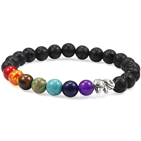 Pulsera de cuentas de piedra Natural para hombre y mujer, brazalete con abalorios de elefante de equilibrio curativo de Lava negra, 7 Chakras clásicas, joyería ► Foto 1/6