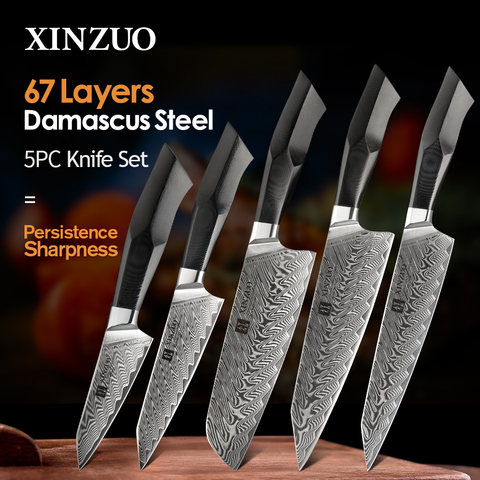 XINZUO-cuchillos de Chef Santoku de acero damasco de 67 capas, Juego de Cuchillos de Cocina, con mango G10, herramientas profesionales de Chef, 5 uds. ► Foto 1/6