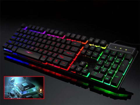 Teclado con cable para juegos de ordenador, periférico con retroiluminado con LED colorido, 104 teclas, ergonómico, USB, para juegos de ordenador portátil, F2 ► Foto 1/6