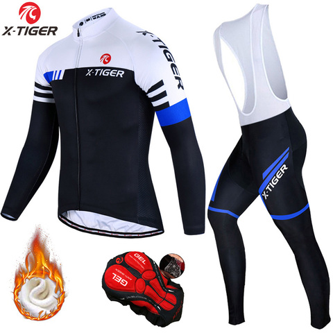 X-TIGER conjunto de camisetas de Ciclismo de manga larga, pantalones con pechera acolchados de Gel 5D, conjunto térmico de lana para ciclismo de otoño e invierno ► Foto 1/6