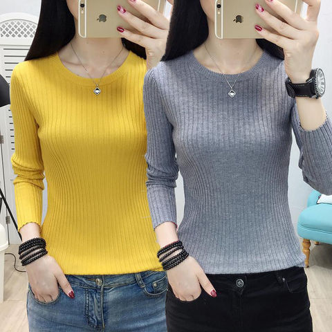 Suéteres de punto de Primavera/otoño para mujer, cuello redondo/medio cuello alto, moda opcional, estilo coreano, a todo Color, camisa Base ajustada ► Foto 1/6