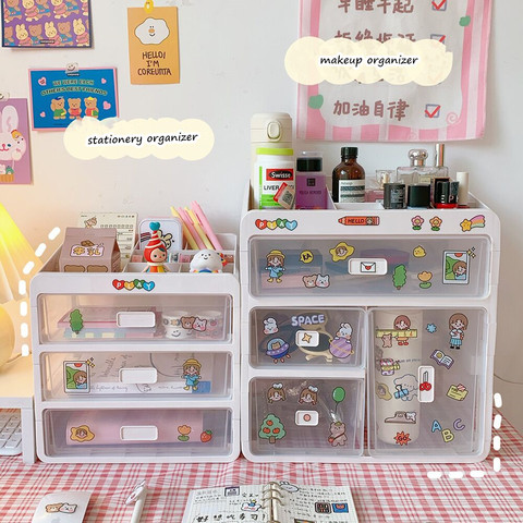 MINKYS-organizador de escritorio transparente de gran capacidad Kawaii, tipo cajonera, caja de almacenamiento de escritorio, portalápices, papelería escolar y de oficina ► Foto 1/6