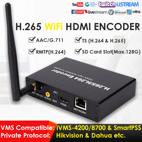 Codificador de vídeo H.265/H.264, WiFi inalámbrico, 1080P, HD, HDMI, con ranura para tarjeta SD, para IPTV, grabación de vídeo, transmisión en vivo a YouTube, Facebook ► Foto 1/5