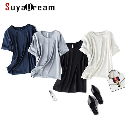 SuyaDream-Blusa de seda 95% con cuello redondo para primavera y verano, camisa de color liso para mujer, cuello redondo, 5% licra, 2022 ► Foto 1/6