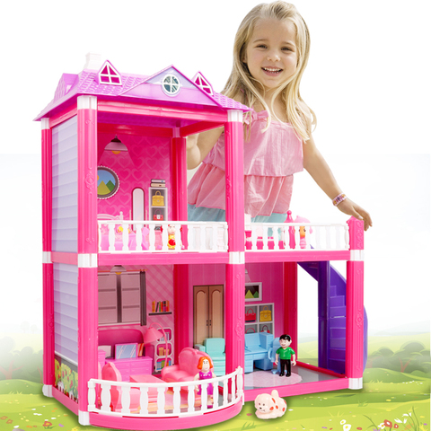 Casa de muñecas de juguete rosa para niñas, casa de muñecas de ensamblaje de miniaturas, regalo de cumpleaños ► Foto 1/6