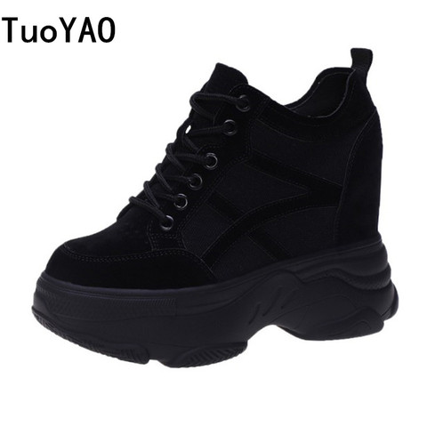 Zapatillas de deporte de malla para mujer, zapatos informales con plataforma, color negro, 11CM, cuñas de otoño, transpirables, nuevos ► Foto 1/6