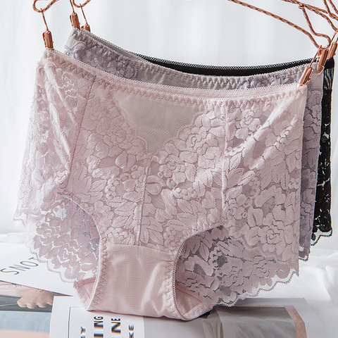 Bragas de malla Sexy para mujer, ropa interior de encaje sin costuras de cintura alta, suave transparente, bragas de algodón para la salud, lencería XXXL ► Foto 1/6
