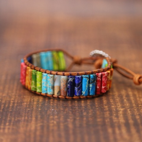 Pulsera Chakra joyería para hombre hecha a mano piedras naturales multicolor tubo perlas cuero envoltura parejas pulseras regalos Dropshipping ► Foto 1/6