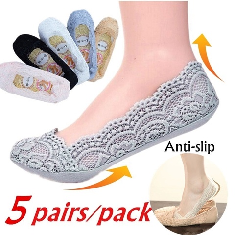 Calcetines invisibles de algodón antideslizantes para mujer, medias tobilleras de encaje, calcetines invisibles para mujeres y niñas, antideslizantes, 5 pares ► Foto 1/6