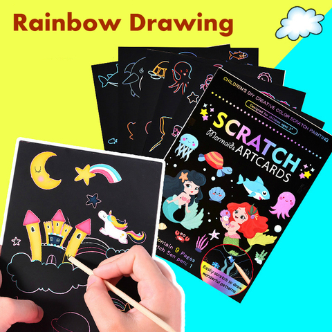 9 Uds. De arco iris mágico Color Scratch pintura artística sobre papel, Kit de tarjeta de dibujos animados dinosaurio unicornio tablero de dibujo niños DIY juguetes educativos ► Foto 1/6