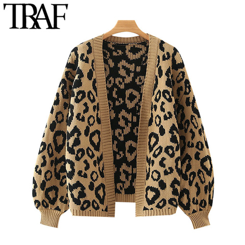 TRAF-cárdigan de punto suelto con estampado de leopardo para mujer, suéter Vintage de manga linterna, prendas de vestir exteriores, Tops Chic ► Foto 1/6