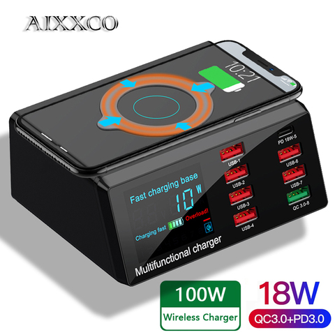 AIXXCO 100W cargador inalámbrico USB Dock 18W PD QC3.0 estación de carga rápida pantalla LED inteligente 8 puertos USB para Samsung Huawei iPhone ► Foto 1/6