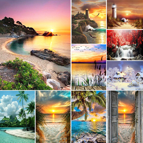 Pintura de diamante 5D DIY puesta de sol junto al mar, bordado de diamantes, paisaje, cuadro de mosaico, Kit de punto de cruz, cristal, decoración del hogar, regalo ► Foto 1/6