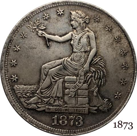 Moneda de copia bañada en plata de cuproníquel fino de Estados Unidos, 1873, 1 Comercio, un dólar, en Dios, confiamos en 420 granos, 900 ► Foto 1/1