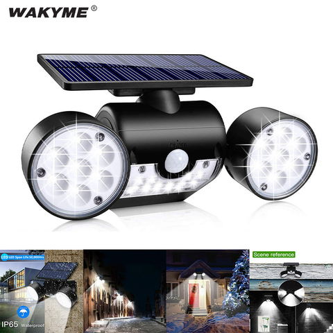 WAKYME-lámpara Solar con Sensor de movimiento PIR, 30 LED, resistente al agua, alimentada por energía Solar, ángulo ajustable, foco de jardín de doble cabeza ► Foto 1/6