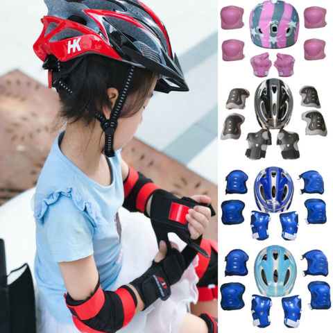 7 unids/set casco de bicicleta de patinaje sobre ruedas para niños rodilla, juego de almohadilla de codo de protección de muñeca para niños deportes de ciclismo juego de engranajes de protección ► Foto 1/6