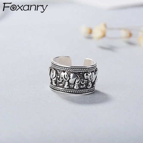 Foxanry-Anillos abiertos de elefante Vintage para mujer, de Plata de Ley 925, joyería tailandesa para mujer, regalo, anillos ajustables de Moda Antigua ► Foto 1/5