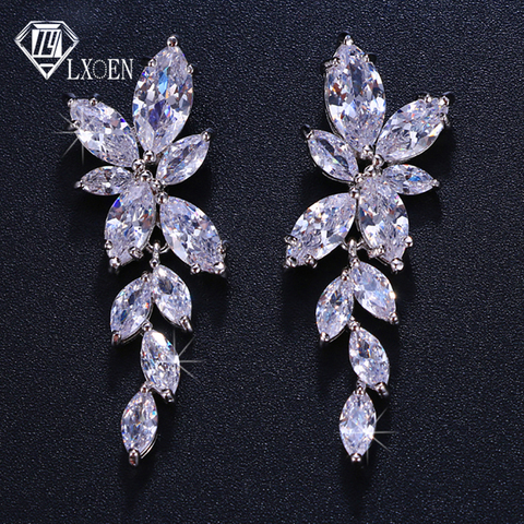 LXOEN marquesina corte flor Zirconia cristal gota larga pendientes para mujer hoja brillante piedra CZ para novia joyería de la boda ► Foto 1/6