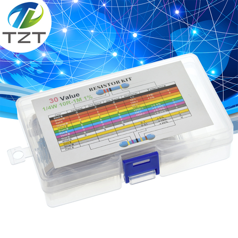 600 unids/lote 1/4W Kit de resistencias de película metálica 1% conjunto surtido de resistencias Paquete de resistencia de 10 ohm-1M ohm 30 valores cada 20 unidades ► Foto 1/6